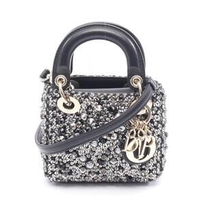 Dior Lady Dior Handbag Leather Rhinestones Black Clear Silver